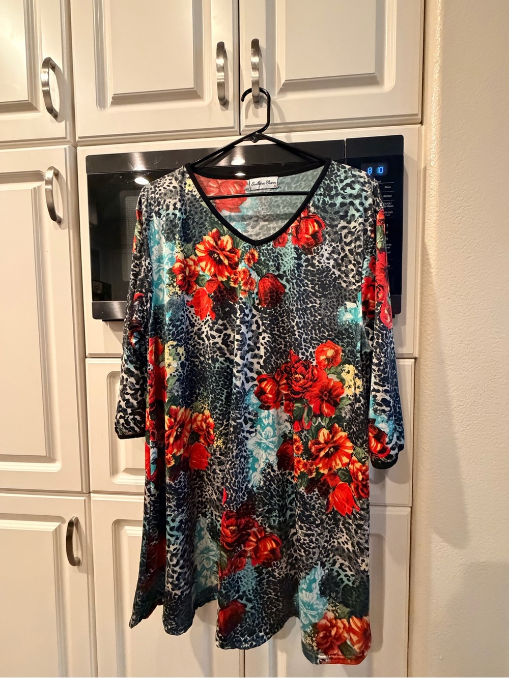 V-Neck Floral & Leopard Print Tunic - Teal & Red